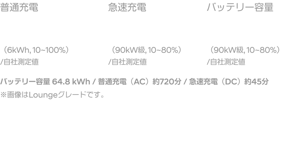 
                                    普通充電 約11時間55分 (6kWh, 10~100%) /自社測定値
                                    急速充電 約45分 (90kW級, 10~80%) /自社測定値
                                    バッテリー容量 64.8kWh (90kW級, 10~80%) /自社測定値
                                    バッテリー容量 64.8 kWh / 普通充電(AC) 約720分 / 急速充電(DC) 約45分 * (Voyage WLTCモード/自社計測値) テュフ ラインランドが実施し、RDWが承認した自社計測値。一部のテスト車両は日本仕様と細部が異なるため参考値です。電気自動車は走り方や使い方、使用環境などによって数値は大きく異なります。 画像はLoungeグレードです。
                                    