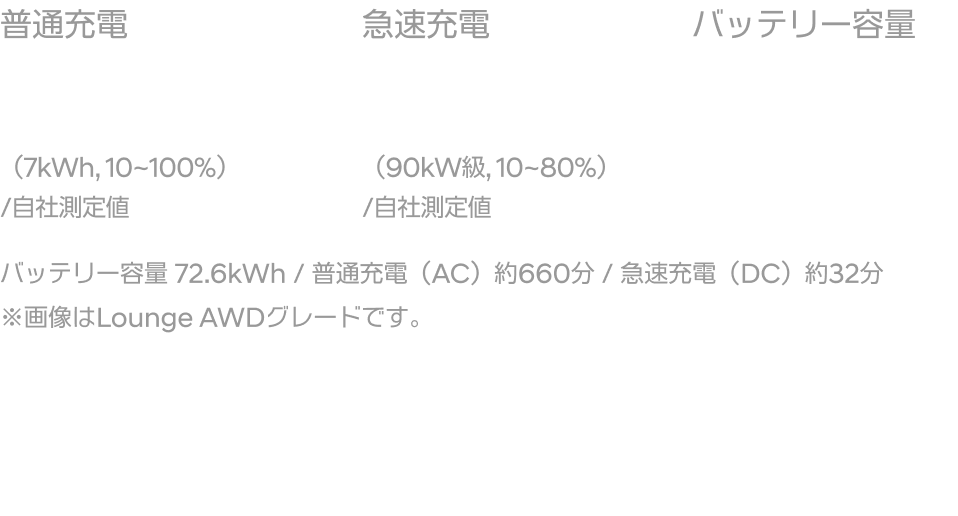 
                                    普通充電 約11時間 (7kWh, 10~100%) /自社測定値
                                    急速充電 約32時間 (90kW級, 10~80%) /自社測定値
                                    バッテリー容量 72.6kWh (90kW級, 10~80%) /自社測定値
                                    バッテリー容量 72.6 kWh / 普通充電(AC) 約660分 / 急速充電(DC) 約32分 * (Voyage WLTCモード/自社計測値) テュフ ラインランドが実施し、RDWが承認した自社計測値。一部のテスト車両は日本仕様と細部が異なるため参考値です。電気自動車は走り方や使い方、使用環境などによって数値は大きく異なります。 画像はLoungeグレードです。
                                    