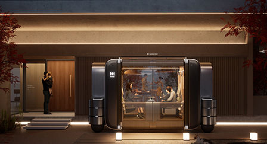 Hyundai DICEのイメージ画です。 未来的なデザインの楕円形の搭乗スペースに4つの足が付いています。 ガラスのドアと側面の壁からなる搭乗スペースの中にはリクライナーが一つ置いてあります。  -  ヒョンデモビリティジャパン ブランドストーリー